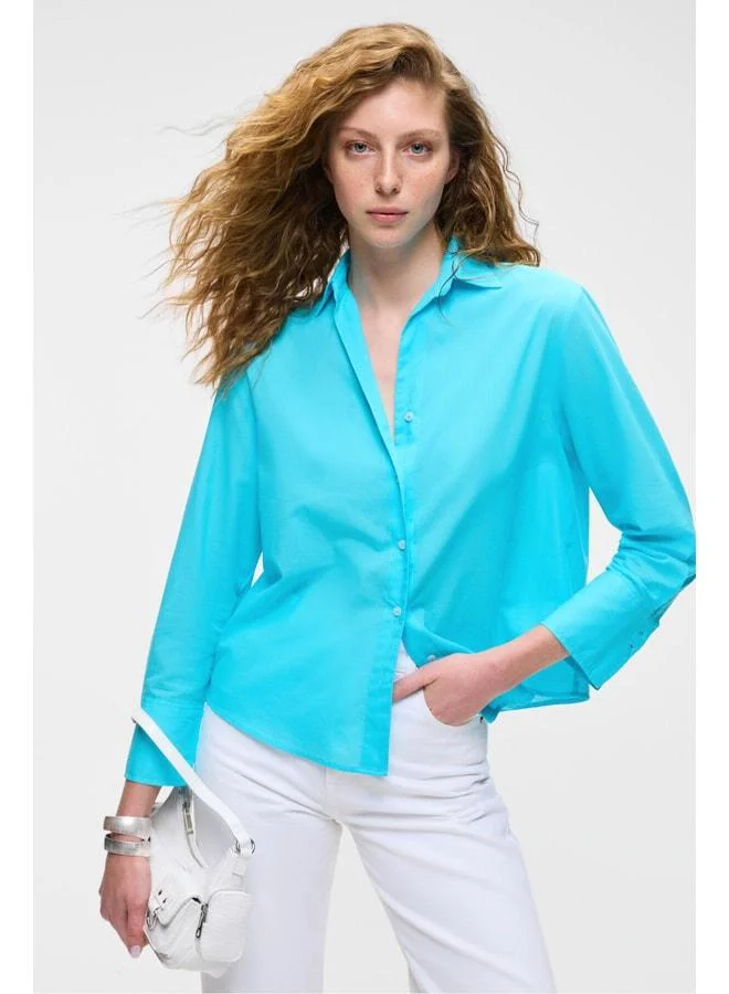 GRIMELANGE VARAZDIN Women's Oversize Long Sleeve 100% Cotton Shirt, Long Narrow Collar, Light Blue