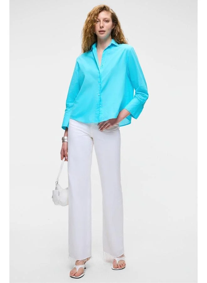 GRIMELANGE VARAZDIN Women's Oversize Long Sleeve 100% Cotton Shirt, Long Narrow Collar, Light Blue