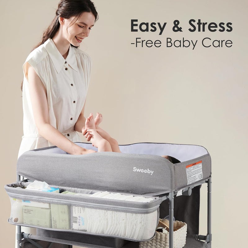 طاولة تغيير الحفاضات المحمولة من Sweeby، طاولة قابلة للطي مزودة بمرافق لتغيير ملابس الرضيع، وسادة مقاومة للماء لطاولة تغيير الحفاضات، منظم متنقل للأغراض الأساسية للمواليد الجدد (لون رمادي) - Image 2