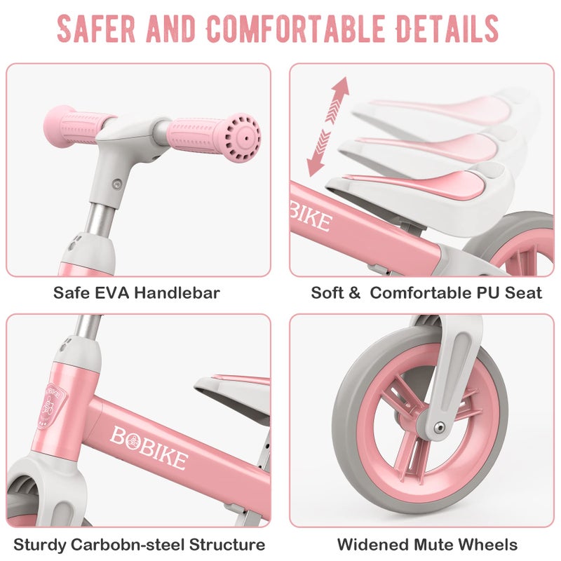 Bobike Toddler Balance Bike Toys for 1 to 3 Year Old Girls Boys Adjustable Seat and Handlebar No-Pedal Training Bike Best Gifts for Kids (Pink) - Image 3