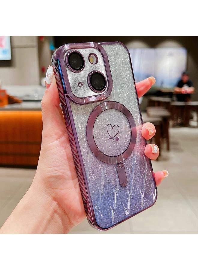 S-TOP Case For iPhone 14 Plus Loves Leaves Gradient Glitter Carbon Fiber Magsafe TPU Phone Case - Image 1