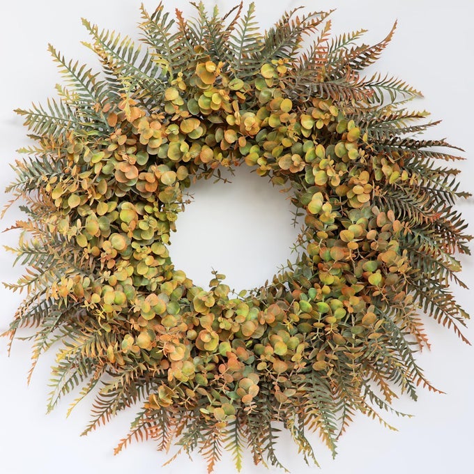 26 FALL WREATH FOR FRONT DOOR LARGE ARTIFICIAL EUCALYPTUS AND FAKE FERNS LEAVES OUTDOOR WREATH FOR PORCH WINDOWFARMHOUSEHOMETHANKSGIVING DAY HARVEST FESTIVAL AUTUMN DECOR