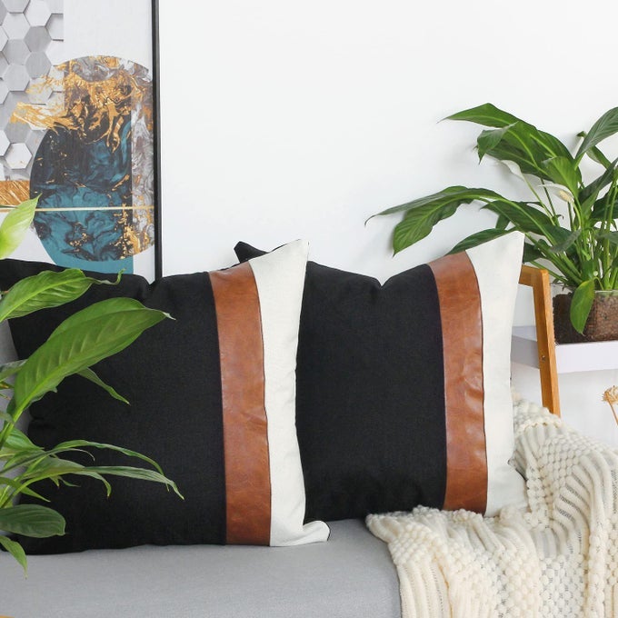 SET OF 2 FAUX LEATHER AND LINEN THROW PILLOW COVERS 20X20 INCH BLACK AND WHITE MODERN DECORATIVE ACCENT COVER FOR COUCH SOFA BLACK