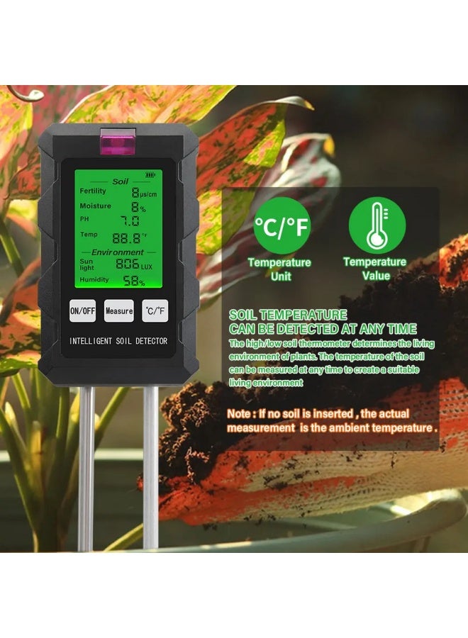 مقياس تربة متعدد الوظائف مع شاشة LCD 6 في 1 - يكشف خصوبة التربة/الرطوبة/درجة الحرارة/درجة الحموضة/شدة الضوء/الرطوبة البيئية، لاستخدامات الزراعة الداخلية والخارجية - Image 3