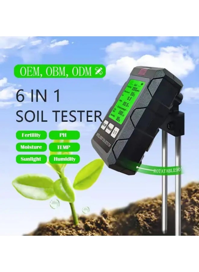 مقياس تربة متعدد الوظائف مع شاشة LCD 6 في 1 - يكشف خصوبة التربة/الرطوبة/درجة الحرارة/درجة الحموضة/شدة الضوء/الرطوبة البيئية، لاستخدامات الزراعة الداخلية والخارجية - Image 1