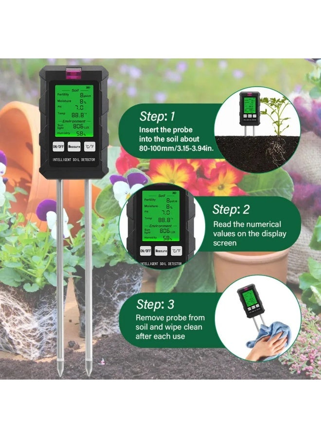 مقياس تربة متعدد الوظائف مع شاشة LCD 6 في 1 - يكشف خصوبة التربة/الرطوبة/درجة الحرارة/درجة الحموضة/شدة الضوء/الرطوبة البيئية، لاستخدامات الزراعة الداخلية والخارجية - Image 5