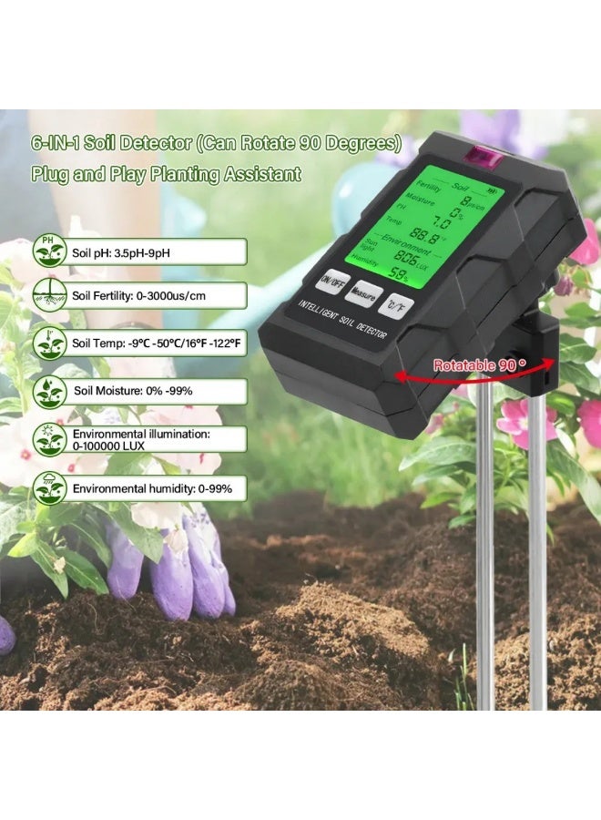 مقياس تربة متعدد الوظائف مع شاشة LCD 6 في 1 - يكشف خصوبة التربة/الرطوبة/درجة الحرارة/درجة الحموضة/شدة الضوء/الرطوبة البيئية، لاستخدامات الزراعة الداخلية والخارجية - Image 2