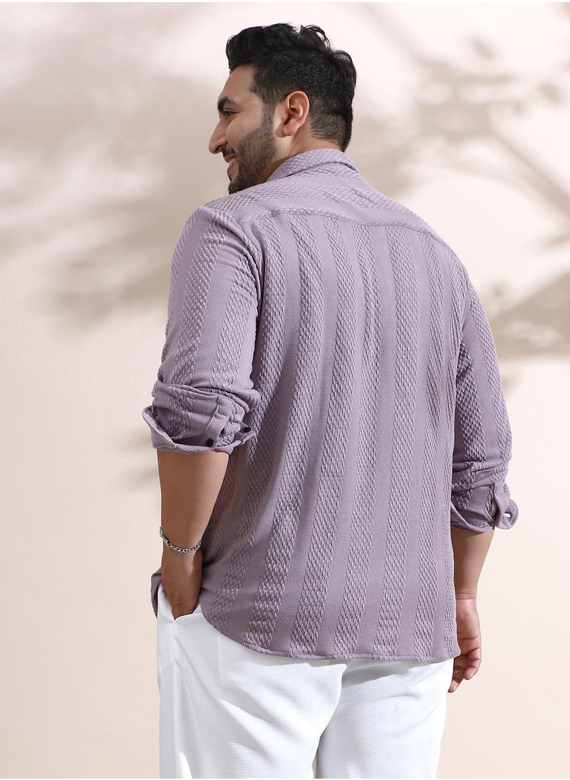 Instafab Plus Instafab Plus Men's Pastel Purple Weave-Panel Shirt For Casual Wear | Spread Collar | Long Cuffed Sleeves | Button Closure | Plus Size Shirt Crafted With Comfort Fit For Everyday Wear  - Image 5