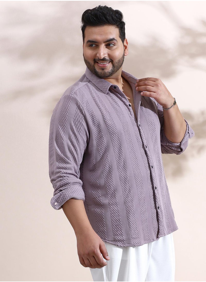 Instafab Plus Instafab Plus Men's Pastel Purple Weave-Panel Shirt For Casual Wear | Spread Collar | Long Cuffed Sleeves | Button Closure | Plus Size Shirt Crafted With Comfort Fit For Everyday Wear  - Image 3