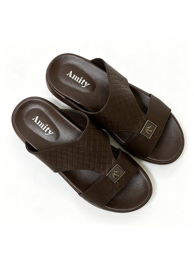 Amity Men's Brown Slide Sandals, Faux Leather Casual Slip‑on Slippers - Image 3