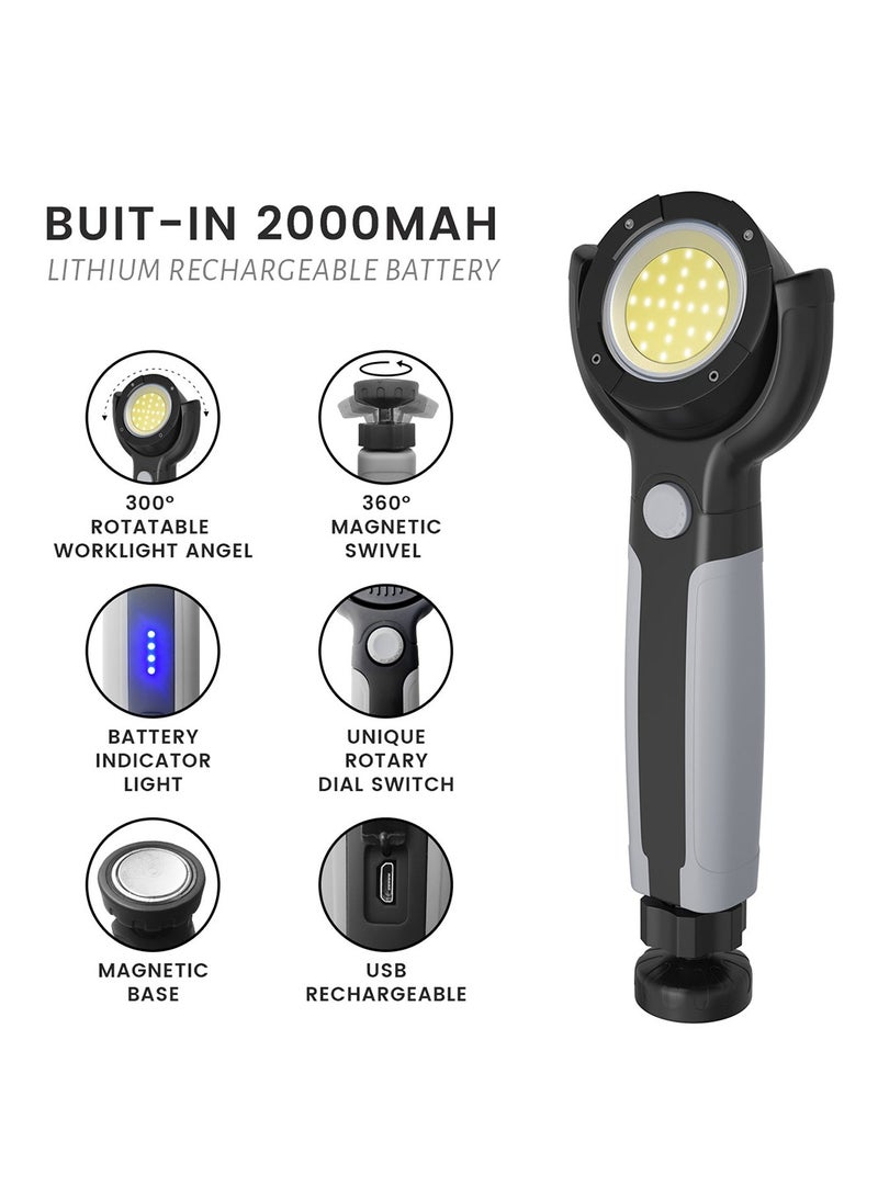 TEXEEM LED Work Light, 250 Lumens, Rechargeable with 2000mAh Battery, 360° Magnetic Swivel Base, 300° Rotatable Head, USB Charging, Black and Silver, 90x230mm - Image 3
