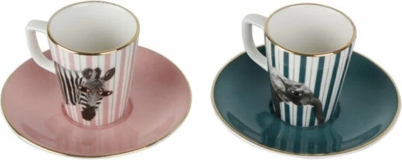 Porland Wild Life Zebra Elephant Coffee Set with Saucer 4 Pieces