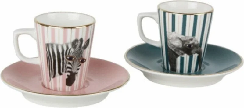 Porland Wild Life Zebra Elephant Coffee Set with Saucer 4 Pieces