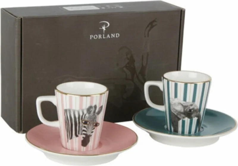Porland Wild Life Zebra Elephant Coffee Set with Saucer 4 Pieces