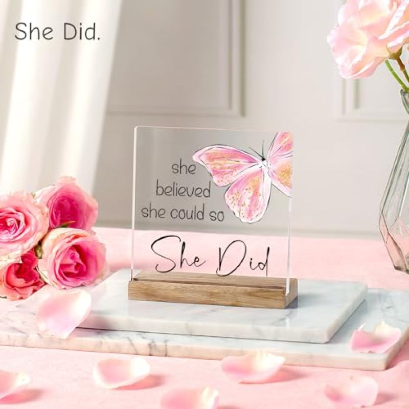 Acrylic Display Plaque She Believed She Could So She Did Butterfly Design with Wooden Stand - Vibrant Fade-Resistant Print Inspirational Plaque for Women Home Office Graduation Job - Image 2