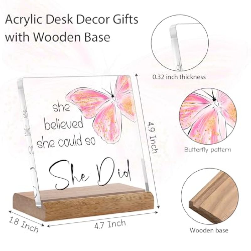Acrylic Display Plaque She Believed She Could So She Did Butterfly Design with Wooden Stand - Vibrant Fade-Resistant Print Inspirational Plaque for Women Home Office Graduation Job - Image 3