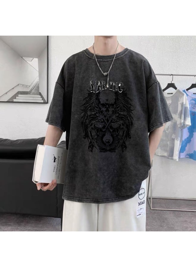300-pound Plus-size Loose-fit Summer American Retro Skull Print T-shirt Distressed Wash T-shirt Heavyweight Short-sleeve T-shirt