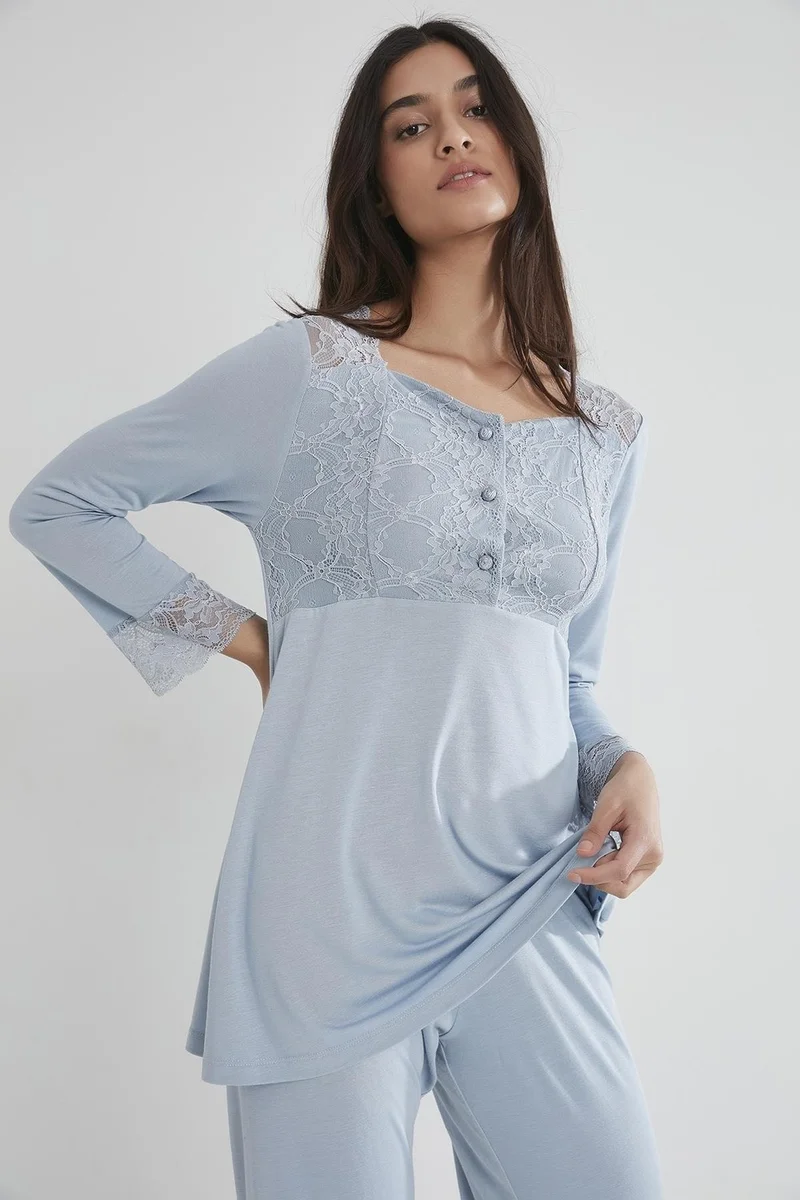 pierre cardin 1241 Women's Combed Cotton Lace Pajamas Set - Mist
