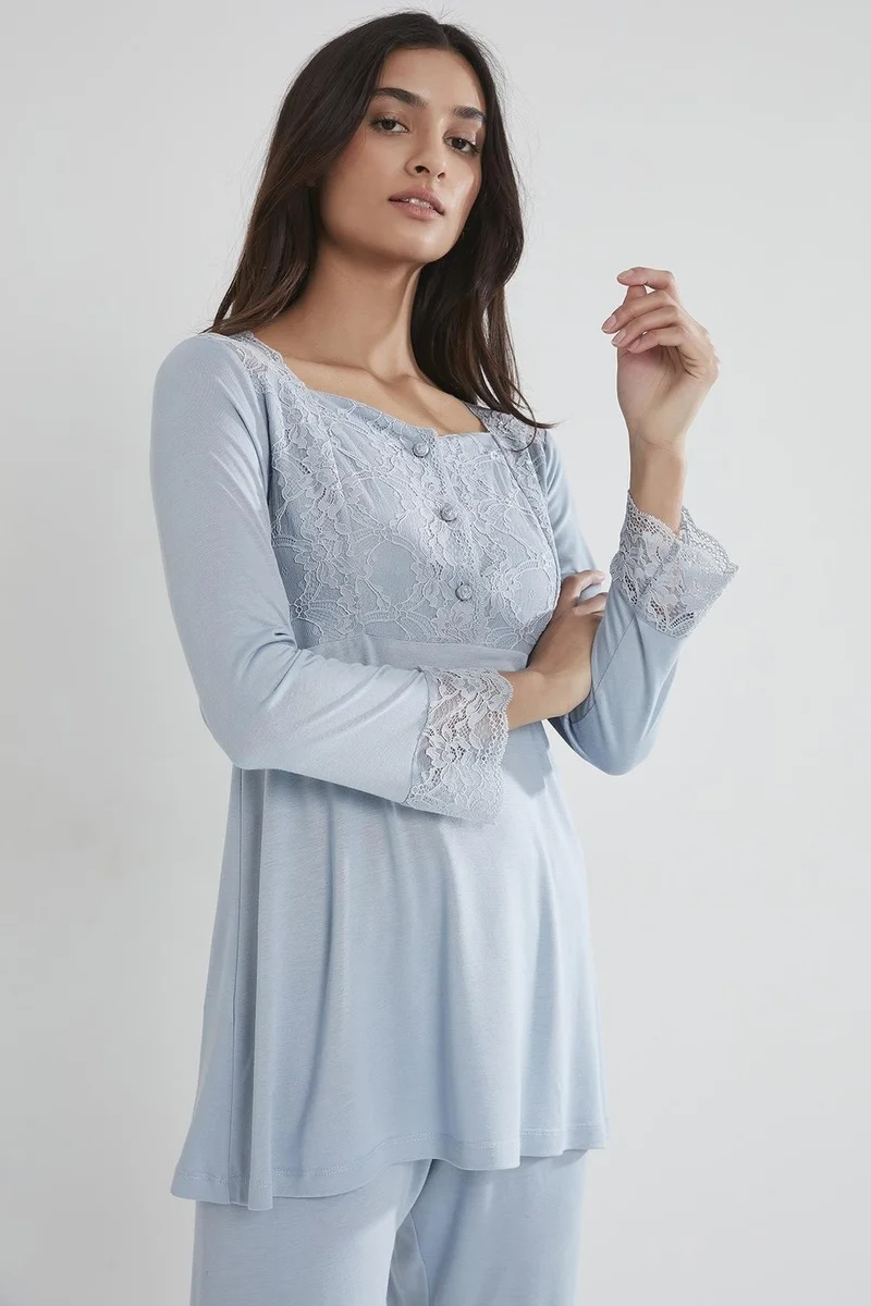 pierre cardin 1241 Women's Combed Cotton Lace Pajamas Set - Mist