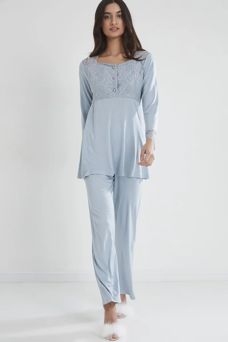 pierre cardin 1241 Women's Combed Cotton Lace Pajamas Set - Mist