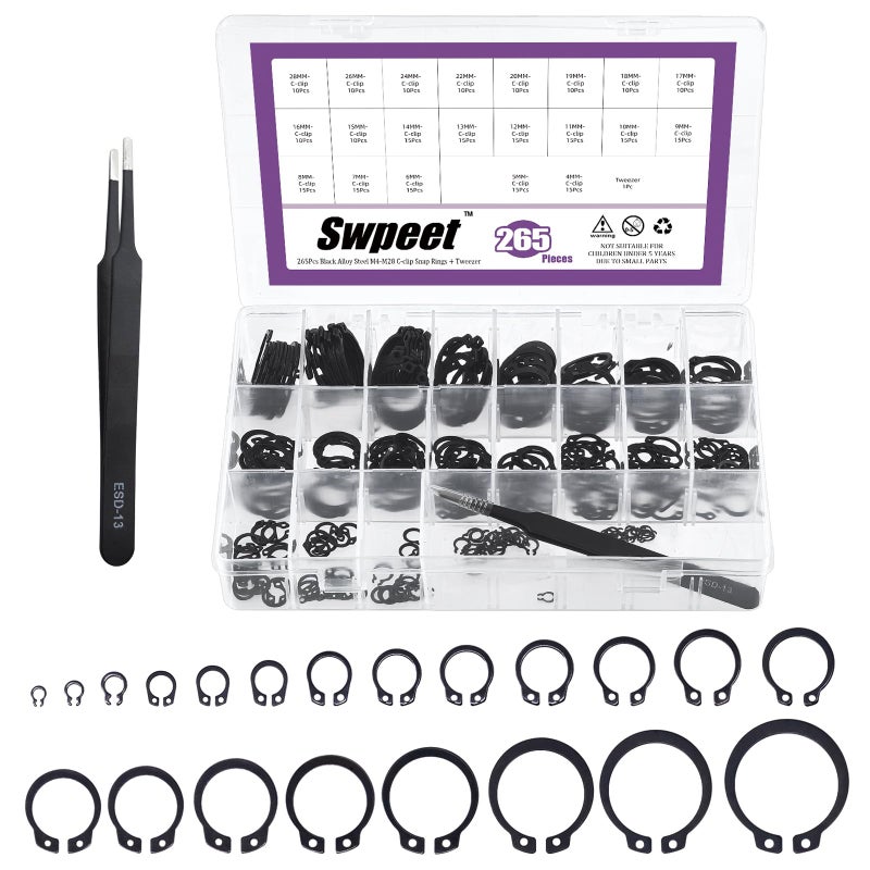 Swpeet 266Pcs 21 Sizes M4M28mm Alloy Steel External Circlip Snap Retaining Clip Rings CClips with Tweezers Assortment Kit Circlip Retainer Rings Set for Axles Shafts and Other Moving Parts - Image 2