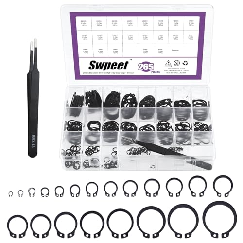 Swpeet 266Pcs 21 Sizes M4M28mm Alloy Steel External Circlip Snap Retaining Clip Rings CClips with Tweezers Assortment Kit Circlip Retainer Rings Set for Axles Shafts and Other Moving Parts - Image 1
