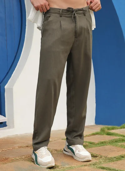Campus Sutra Campus Sutra Men's Olive Green Tailored Linen-Blend Trousers For Casual Wear | Tailored Fit | 4 Pockets | Drawstring Closure | Trousers Crafted With Comfort Fit For Everyday Wear