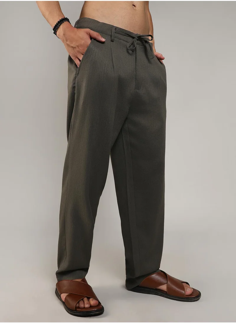 Campus Sutra Men's Olive Green Tailored Linen-Blend Trousers