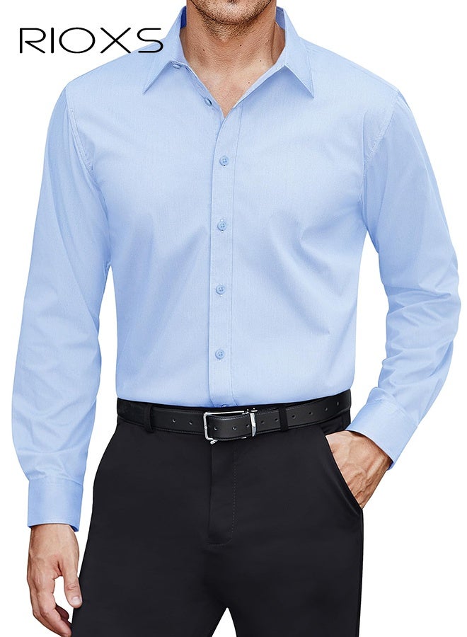 ريوكس قميص فستان أزرق للرجال، قميص رسمي بأكمام طويلة بأكمام طويلة بأكمام طويلة مع قماش خفيف الوزن يسمح بمرور الهواء، ملابس مكتبية كاجوال للعمل، قميص رجالي بياقة طويلة بأزرار لأسفل، قميص فستان متعدد الاستخدامات لجميع المواسم، قميص رسمي لضيوف حفل الزفاف، ملابس مناسبة لحفلات العشاء - Image 1