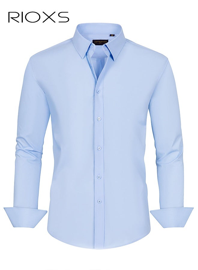 ريوكس قميص فستان أزرق للرجال، قميص رسمي بأكمام طويلة بأكمام طويلة بأكمام طويلة مع قماش خفيف الوزن يسمح بمرور الهواء، ملابس مكتبية كاجوال للعمل، قميص رجالي بياقة طويلة بأزرار لأسفل، قميص فستان متعدد الاستخدامات لجميع المواسم، قميص رسمي لضيوف حفل الزفاف، ملابس مناسبة لحفلات العشاء - Image 3