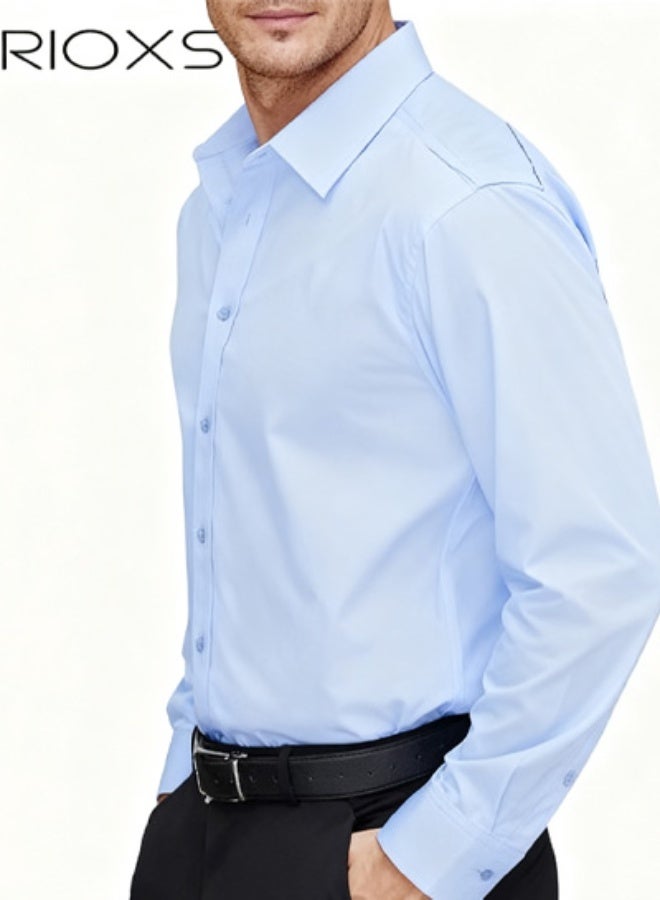 ريوكس قميص فستان أزرق للرجال، قميص رسمي بأكمام طويلة بأكمام طويلة بأكمام طويلة مع قماش خفيف الوزن يسمح بمرور الهواء، ملابس مكتبية كاجوال للعمل، قميص رجالي بياقة طويلة بأزرار لأسفل، قميص فستان متعدد الاستخدامات لجميع المواسم، قميص رسمي لضيوف حفل الزفاف، ملابس مناسبة لحفلات العشاء - Image 4