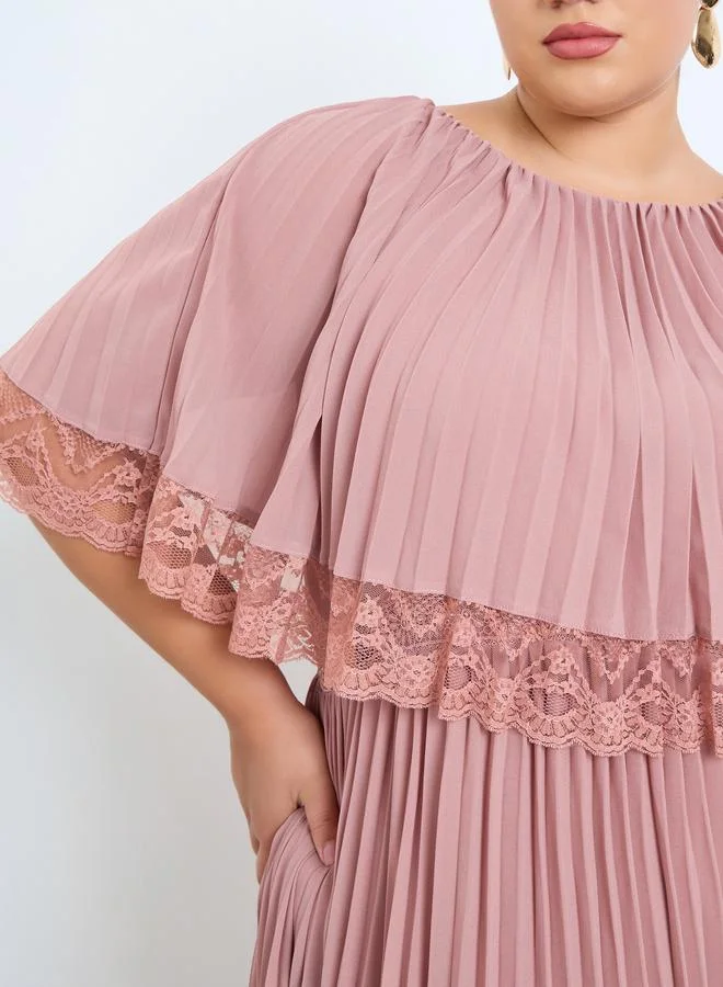 Styli Plus Size Pink A-Line Maxi Dress with Lace Cape