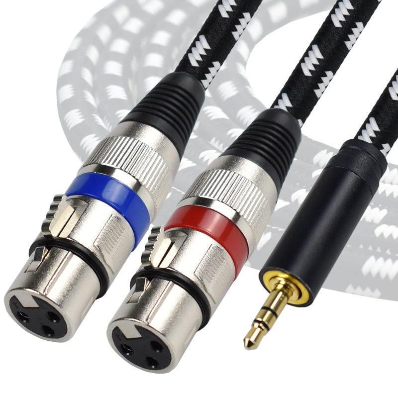 Mugteeve كابل موزع مزدوج XLR أنثوي من Mugteeve 3.5 مم، ستيريو 1/8" ميني TRS إلى كابل ميكروفون مزدوج أنثوي، مضفر نايلون، درع OFC، للتسجيل، البث المباشر، البث - 6.6 قدم - Image 1