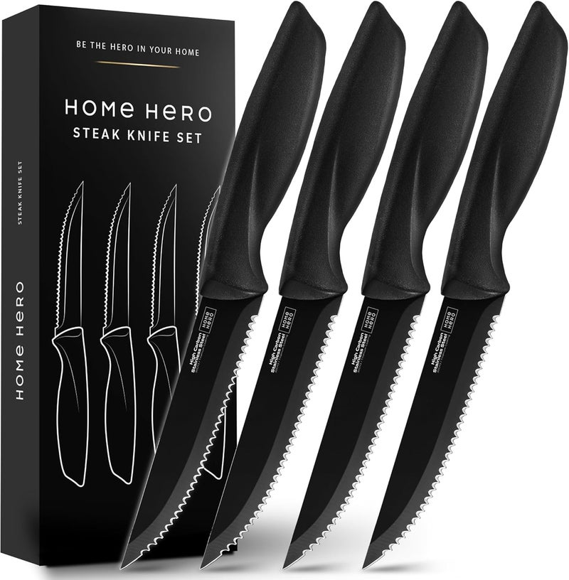 HomeHero طقم سكاكين ستيك - قطع سهلة وسكاكين ستيك مسننة - شفرات من الفولاذ المقاوم للصدأ ومجموعة أدوات المائدة - مقابض مريحة ومجموعة سكاكين مطبخ - عبوة من 4، أسود - Image 1