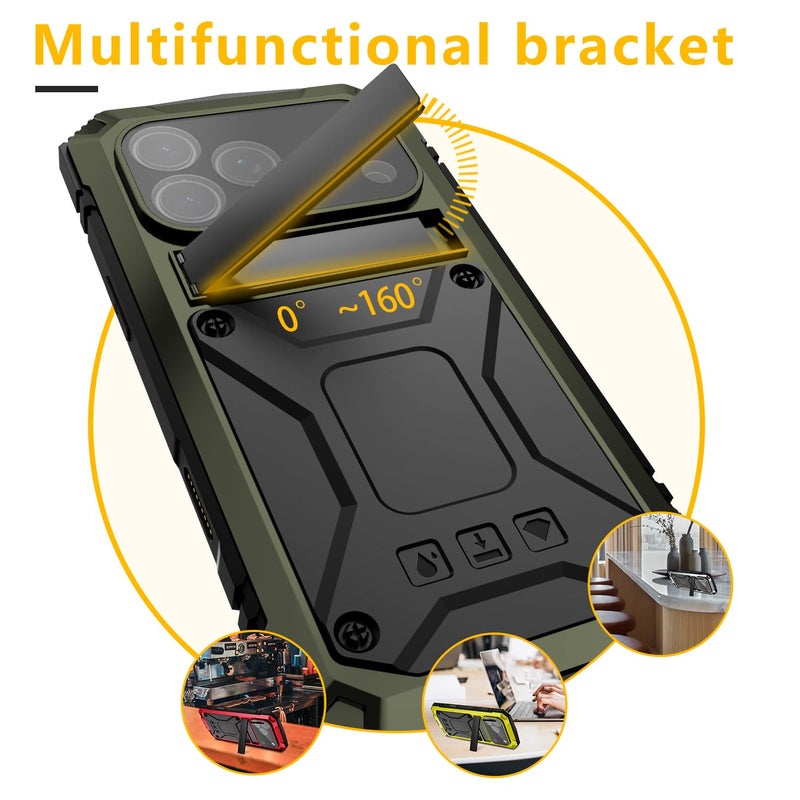 FunnyWin iPhone 17 Pro Max Metal Case, Military Grade Heavy Duty Aluminum Rugged Cover with Screen Protector Stand Camera Control Shockproof Dustproof Full Body Protection for Men/Women (Green) - Image 3
