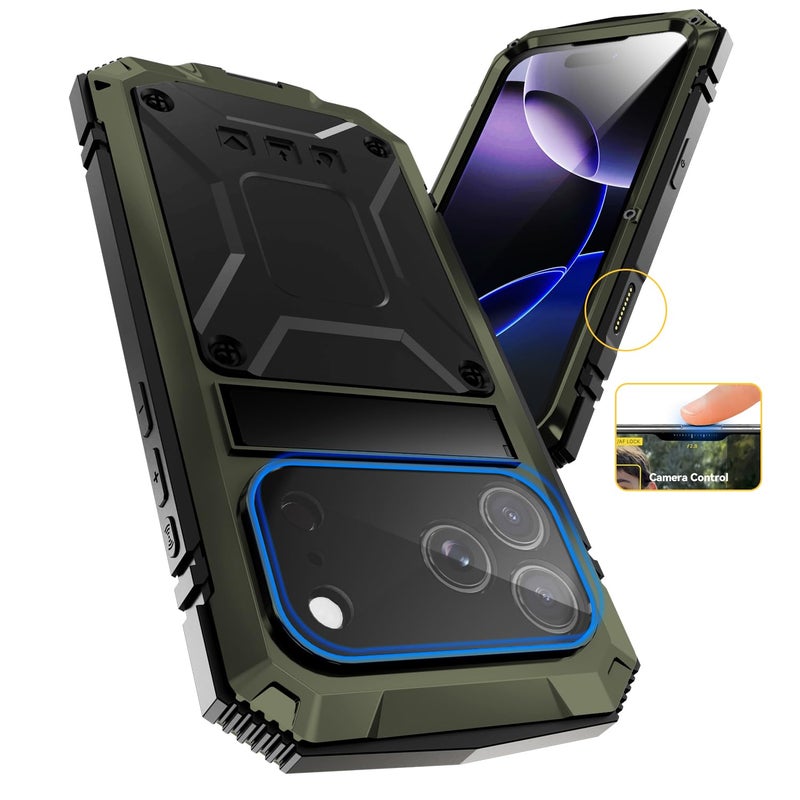 FunnyWin iPhone 17 Pro Max Metal Case, Military Grade Heavy Duty Aluminum Rugged Cover with Screen Protector Stand Camera Control Shockproof Dustproof Full Body Protection for Men/Women (Green) - Image 5