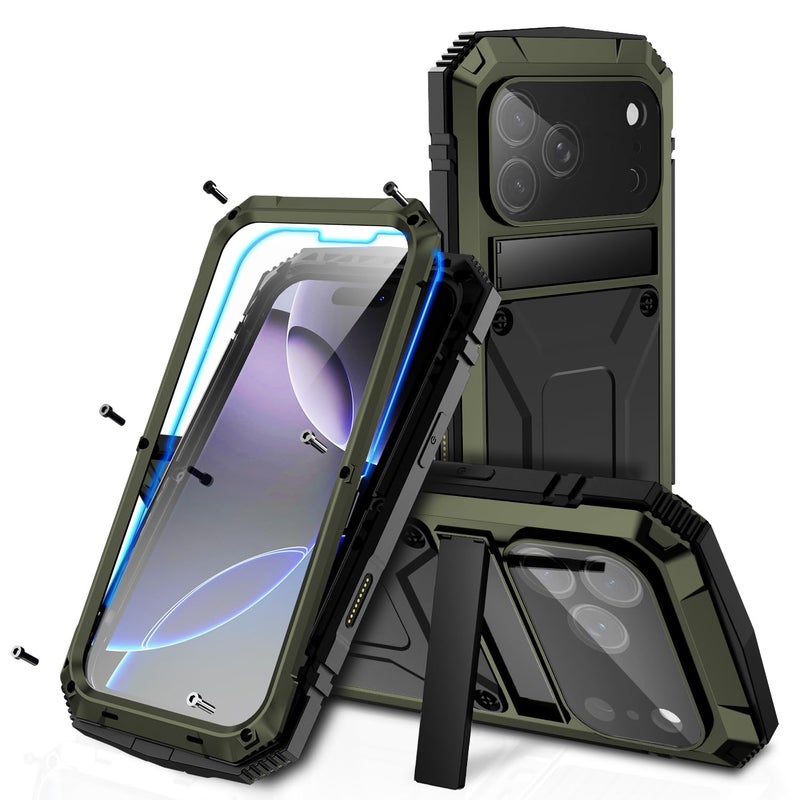 FunnyWin iPhone 17 Pro Max Metal Case, Military Grade Heavy Duty Aluminum Rugged Cover with Screen Protector Stand Camera Control Shockproof Dustproof Full Body Protection for Men/Women (Green) - Image 1