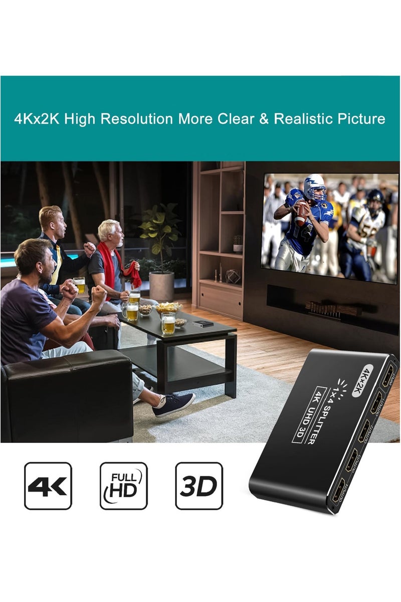 1-In-4 Out HDMI Switch, 4K HDMI Splitters for Dual Monitors Supports 3D Full HD 1080P Aluminum Compatible for PS4/PS5  HDTV(1 Source to 4 Displays) Black - Image 2