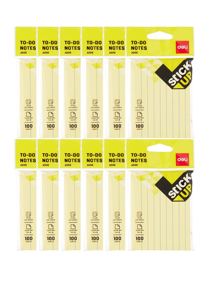 Deli 12-Pad To-Do Ruled Sticky Notes 3x4 Inch Size Yellow Colour - Image 1