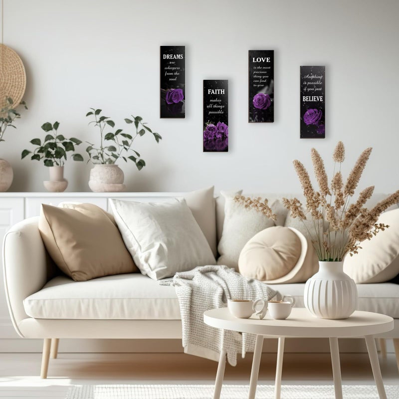 DONFENTHY 4 Pcs Purple Bathroom Decor Rose Wooden Wall Decor Inspirational Farmhouse Signs With Faith Love Dream Believe Purple Decor For Women Office Bedroom Home Gift(12x4Inch) - Image 2