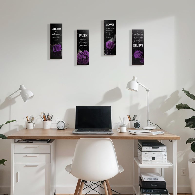 DONFENTHY 4 Pcs Purple Bathroom Decor Rose Wooden Wall Decor Inspirational Farmhouse Signs With Faith Love Dream Believe Purple Decor For Women Office Bedroom Home Gift(12x4Inch) - Image 3