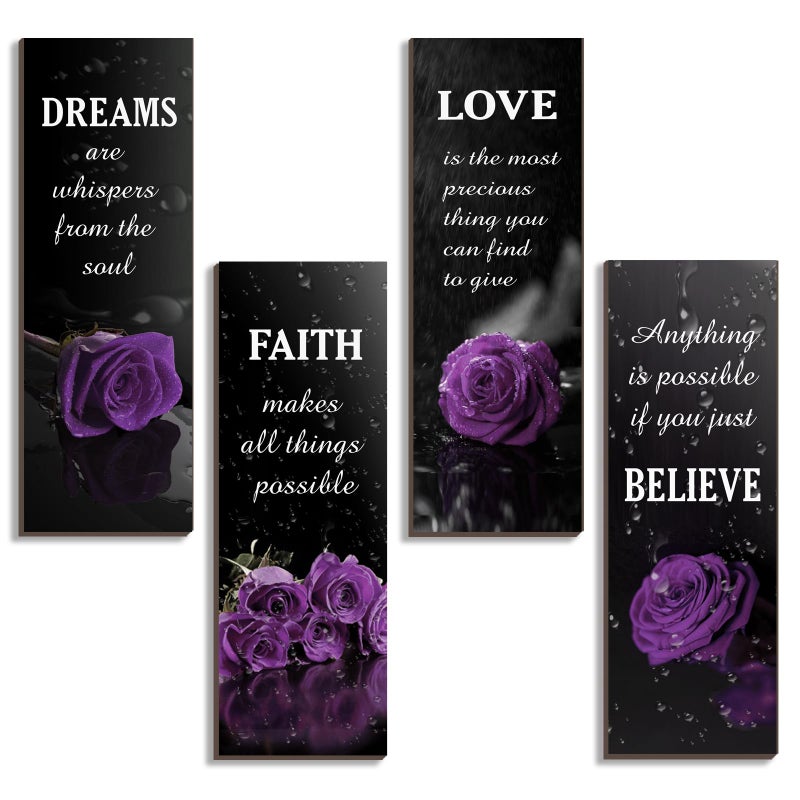 DONFENTHY 4 Pcs Purple Bathroom Decor Rose Wooden Wall Decor Inspirational Farmhouse Signs With Faith Love Dream Believe Purple Decor For Women Office Bedroom Home Gift(12x4Inch) - Image 1