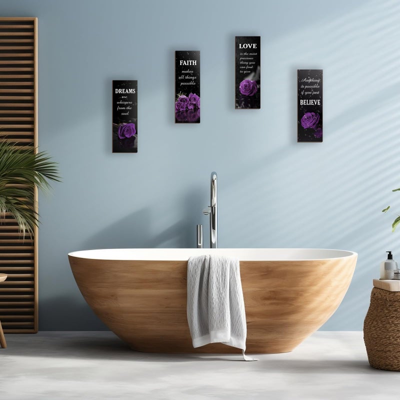 DONFENTHY 4 Pcs Purple Bathroom Decor Rose Wooden Wall Decor Inspirational Farmhouse Signs With Faith Love Dream Believe Purple Decor For Women Office Bedroom Home Gift(12x4Inch) - Image 5