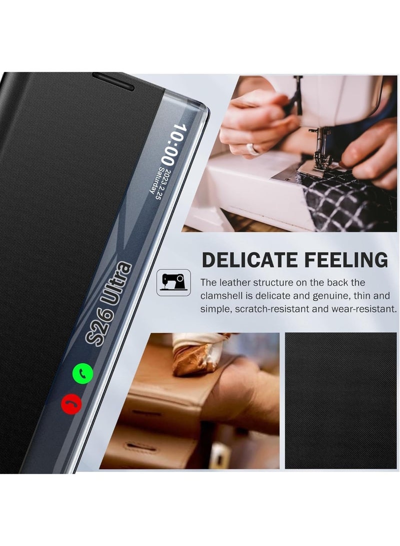 View Clear Smart Window Case for Samsung Galaxy S26 Ultra, Slim Luxury Mirror Hard PC Leather Flip Shockproof Cover with Kickstand for Samsung S26 Ultra Case (Black) - Image 3