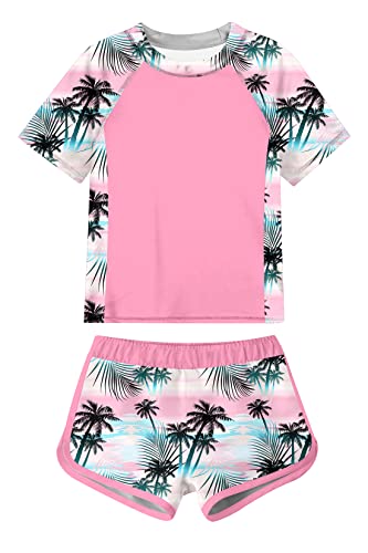 ADUKIDE Swimsuit for Girls Palm Tree Bathing Suit Two Piece Rash Guard Pink Swimwear with Shorts Size 13 14 Years Tankini Set - Image 4