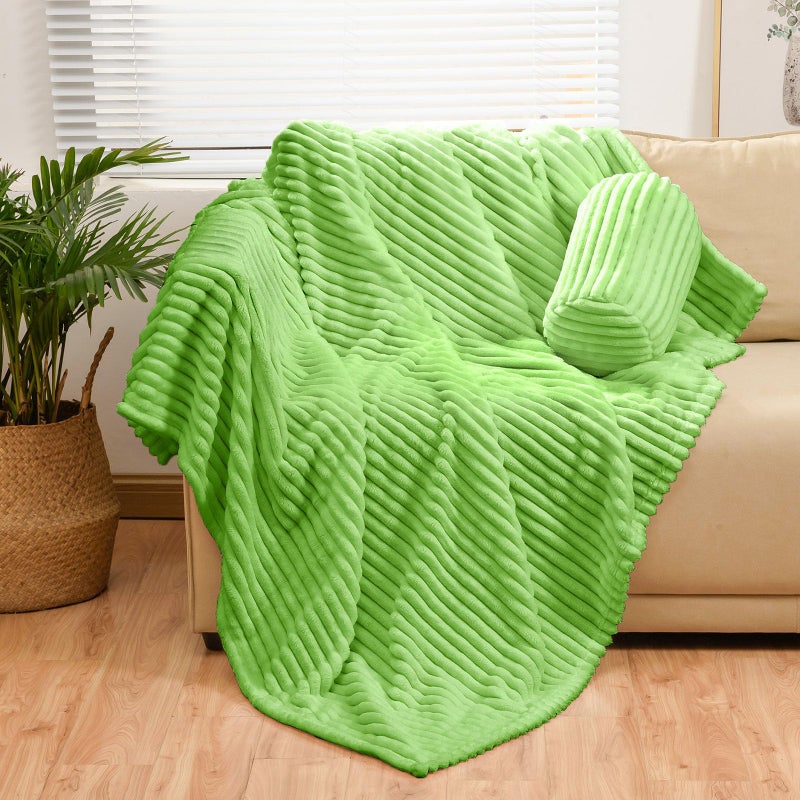 Bnuitland Bnuitland Light Green Flannel Throw with Storage Pouch 300GSM Super Soft Fleece Stripe Pattern Sofa Blanket for Adults and Kids  Lightweight Cozy Bed Throw for Home Decor All Season  - Image 1