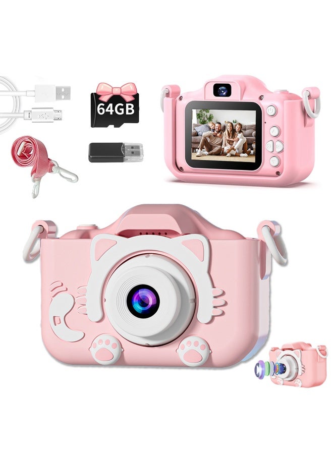 كاميرا للأطفال مع بطاقة 64G وقارئ USB محمول 1080P كاميرا رقمية للأطفال لعبة للأولاد والبنات الذين تتراوح أعمارهم بين 3 و 12 سنة هدية - Image 1