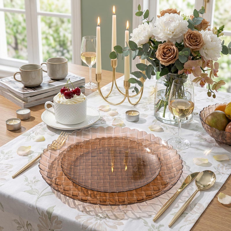 Festiva 60PCS Clear Brown Plastic Plates - Heavy Duty Weave Pattern Fancy Disposable Plates -serve for 30 guests Include 30PCS 10" & 30PCS 7" Plates for Birthday&Easter Party(Mocha Mousse) - Image 3