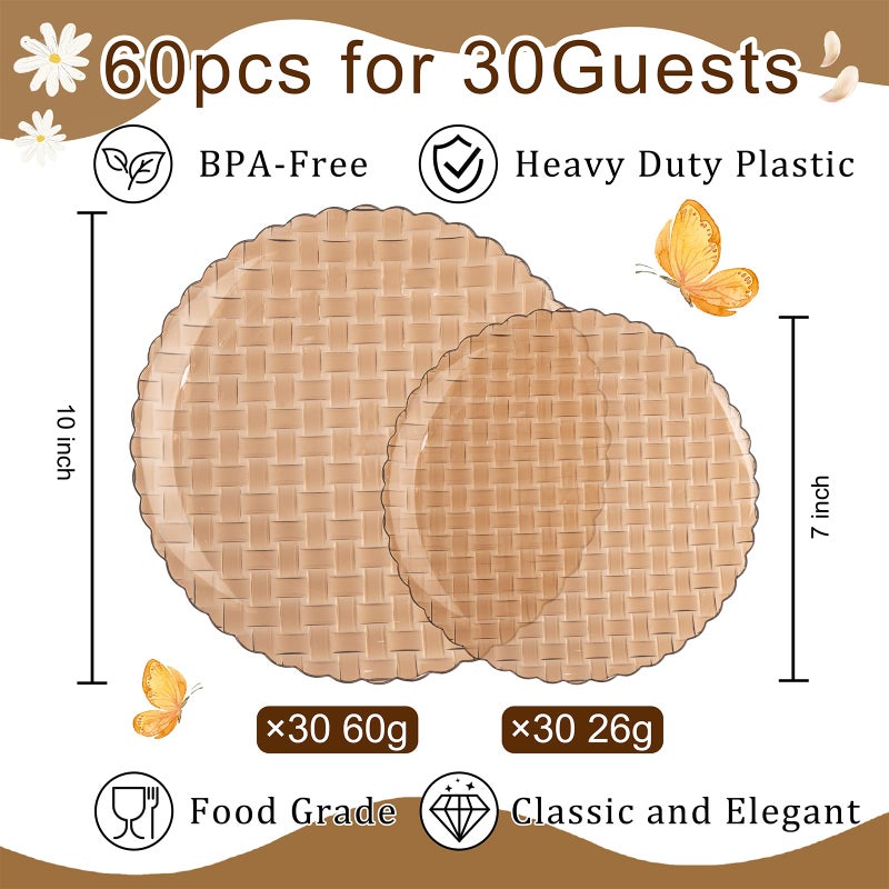 Festiva 60PCS Clear Brown Plastic Plates - Heavy Duty Weave Pattern Fancy Disposable Plates -serve for 30 guests Include 30PCS 10" & 30PCS 7" Plates for Birthday&Easter Party(Mocha Mousse) - Image 2