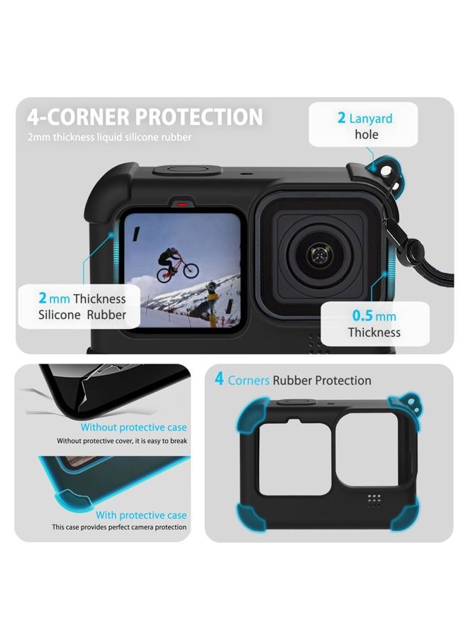 FiTSTILL FitStill Black Silicone Sleeve Case for Go Pro Hero 12/Hero 11/Hero 10/Hero 9 Black,Battery Side Cover&Screen Protectors& Lens Caps&Lanyard for Go Pro Hero 12/11/10/9 Black Accessories Kit - Image 2